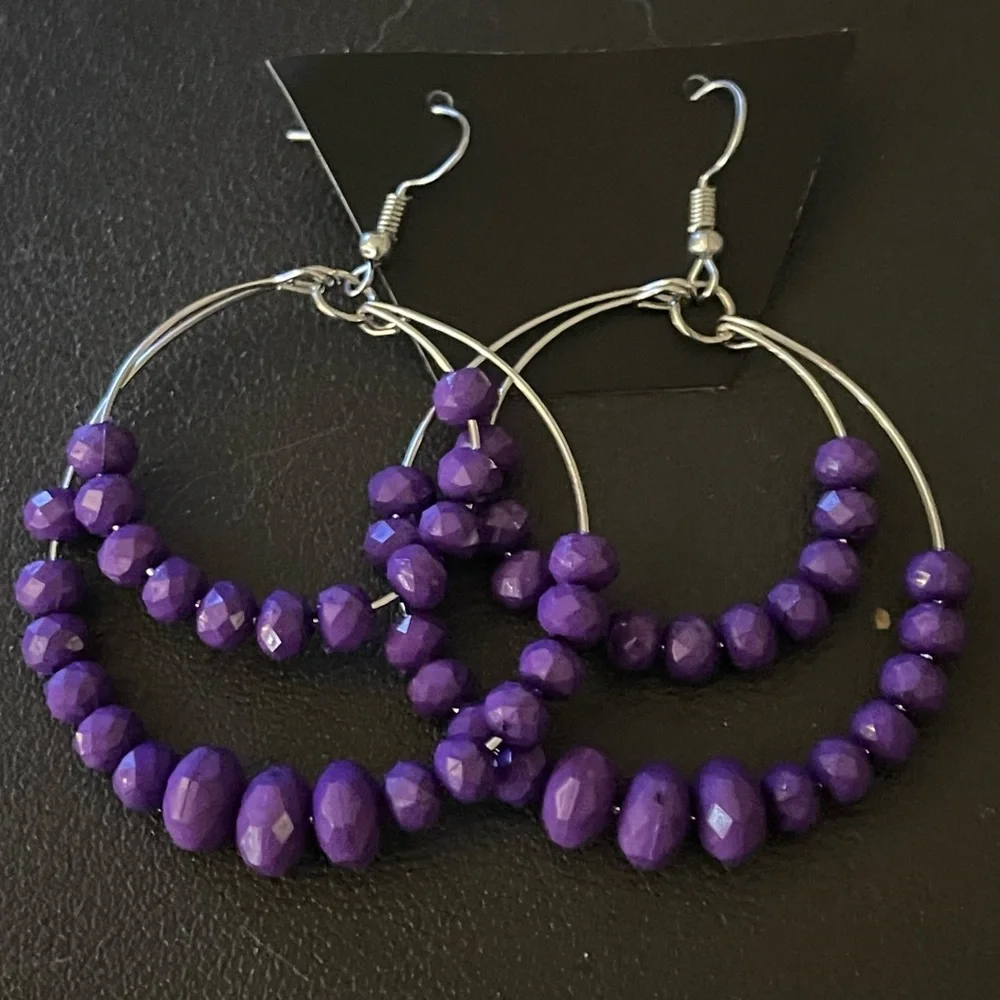New Handmade Faceted Sterling Silver Purple Bead Bottom 2 Layer Hoop Earrings